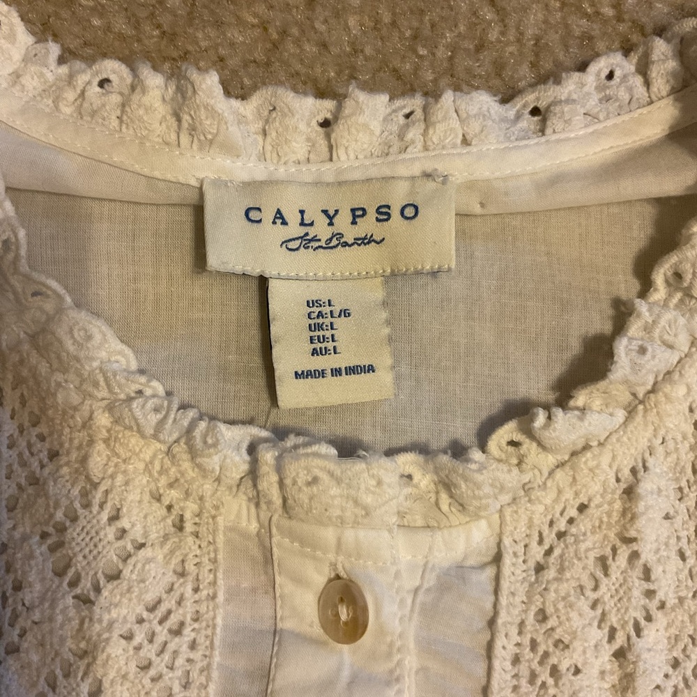 Calypso St Barth White Pintuck Pleat 100% Cotton Lace Peasant Blouse Top Size L - Picture 8 of 14